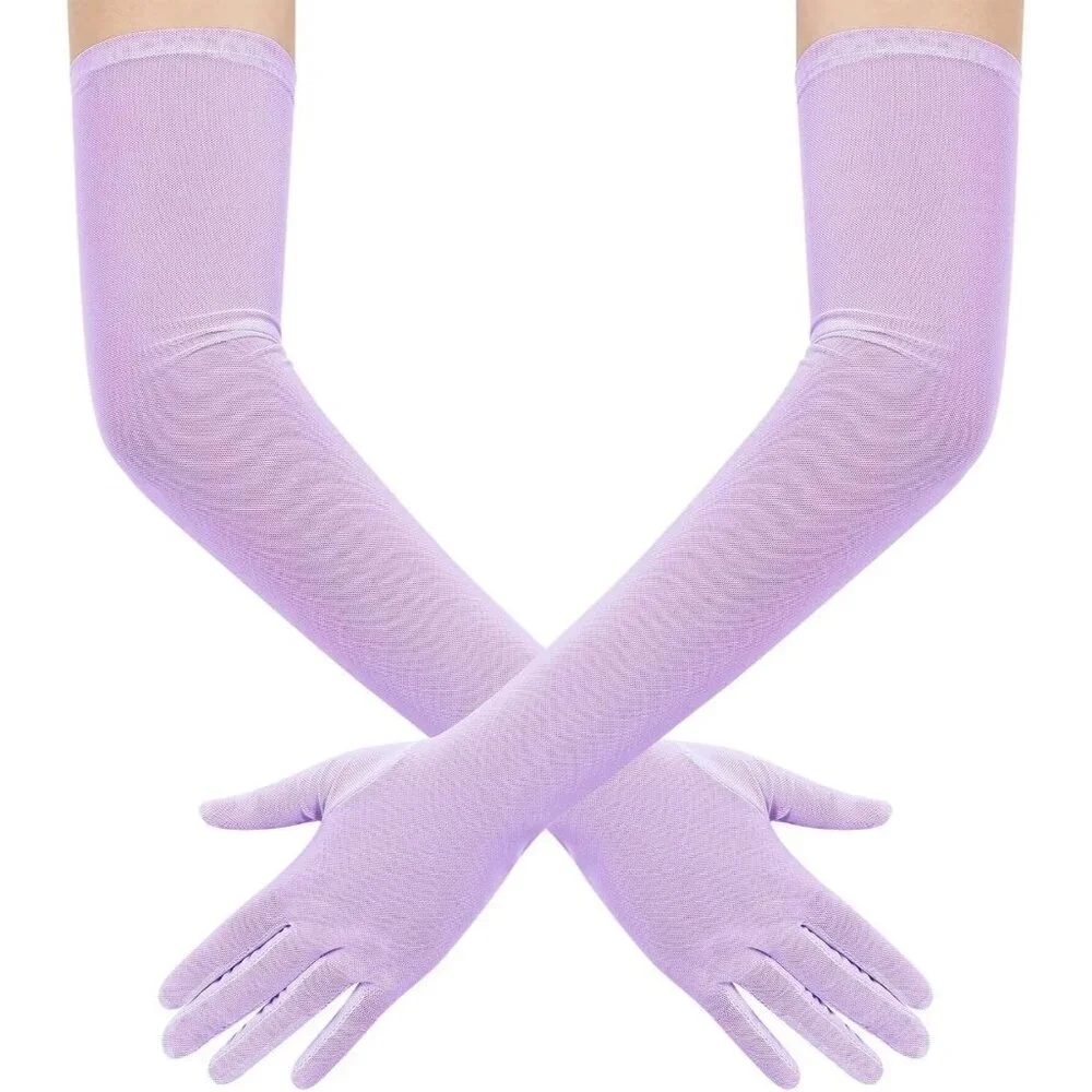 Women's Tulle Mesh Lavender Long Stretchy Gloves Halloween Party Wedding Costume